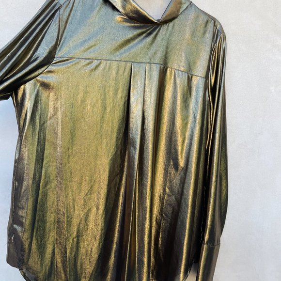 BCBGMAXAZRIA Retro Gold Metallic Chiffon Top Backward-worn Style Shirt - Picture 6 of 6